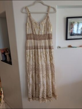 Anthropologie Me 2 Magic Boho Ivory Gold Crochet Maxi Dress Size Medium